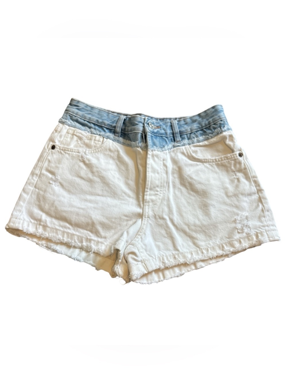 High-Waist Two-Tone White and Light Blue Denim Shorts